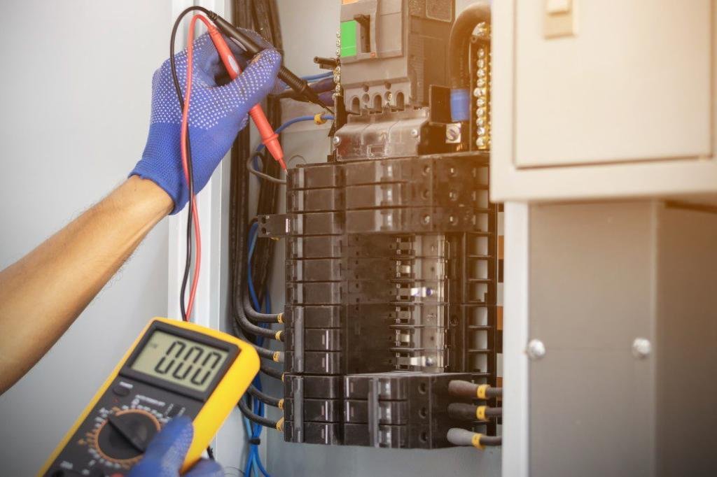 electrician is using a digital meter to measure the voltage at the circuit breaker control cabinet on t20 dxaQB9