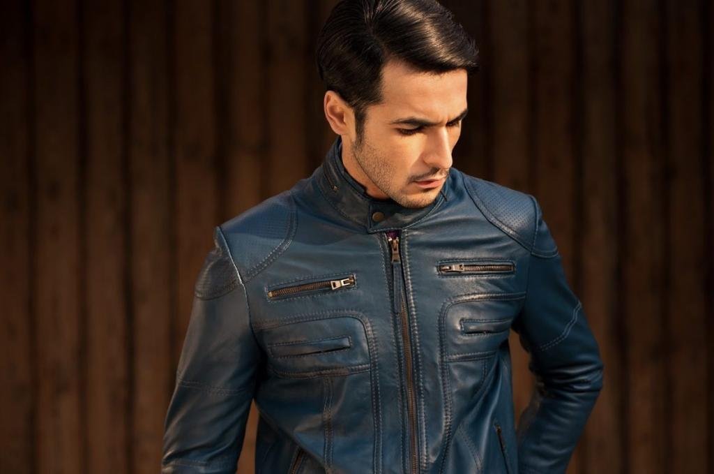 Navy blue leather on sale jacket