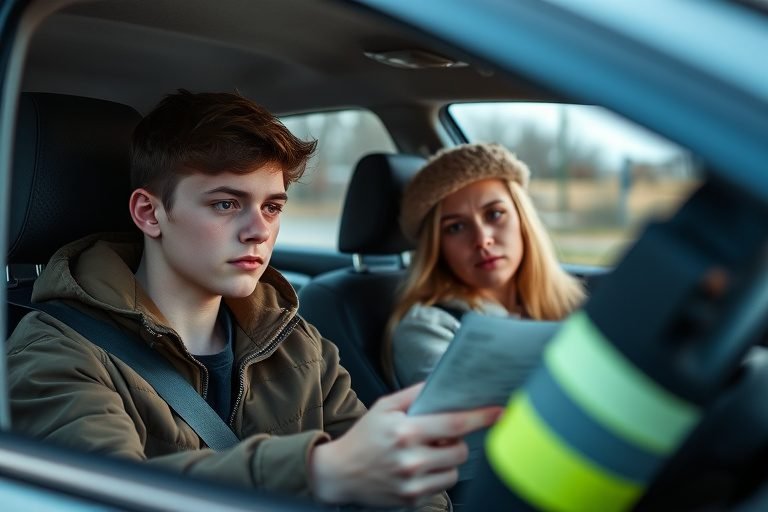 a teen driver looks sheepish as a police officer wirtes them a speeding ticket. a parent sits in the passenger seat, lokking at the teen with disapproval