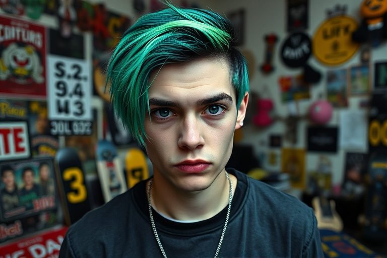 a photograph of a sullen teen with green dyed hair, black roots exposed, with nose piercing, in a room covered with skateboard-kid decor
