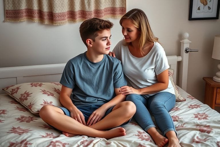 img_5786.jpg a teen boy sits on his bed. a loving parent stands next to him and places her hand on his shoulder. the setting is warm and domestic, typical USA home.