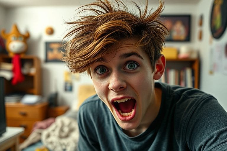 image_6783.jpg a crazy looking teenager with messy hair in his room