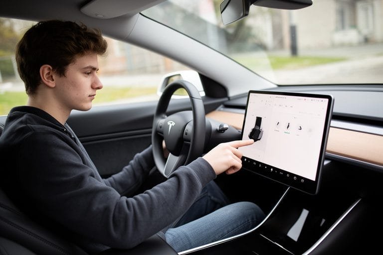 a young man in teh driver's seat pressing the dash tablet on a tesla model 3, canon 5d