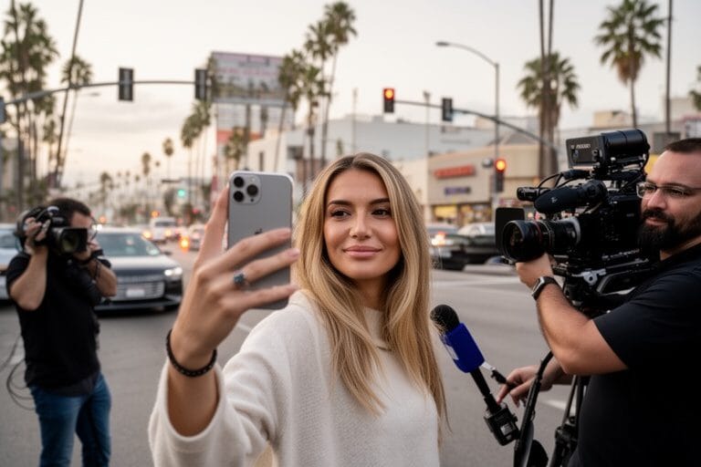 iphoen image, widescrren horizotal of a female influencer in los angeles being filmed by a reporter and camera person