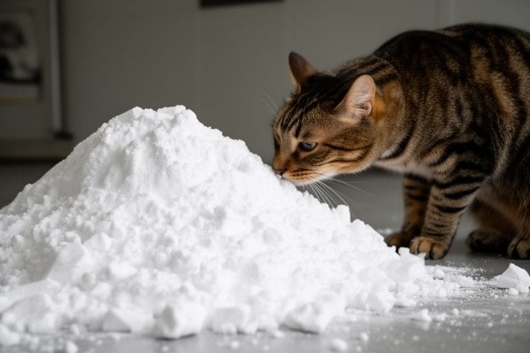 a huge mound of cocaine and a cat sniffing it