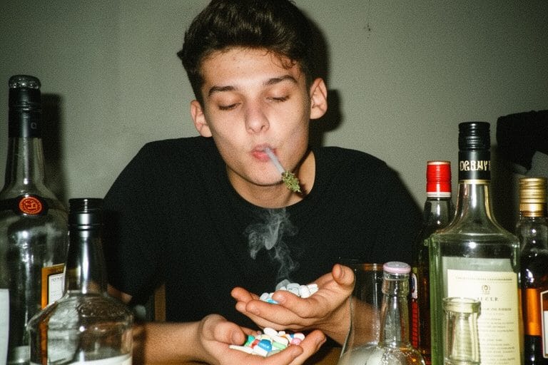 a young man smoking weed and hlidng pills in his hand with bottles of liquor around him, iphone image, grainy