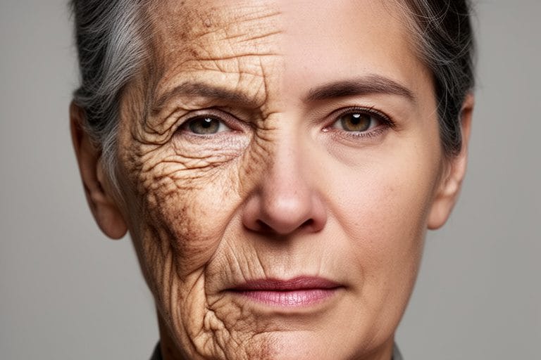 a realsitic photo of a person, one half of theirface is wrinkeld and old, and the other side is about 20