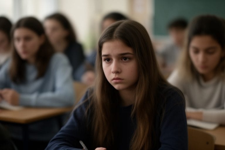 cel phone image of a somber looking teenage girl sitting in aclassroom, with teh students and rest of the classroom very blurry. only she is in sharp focus
