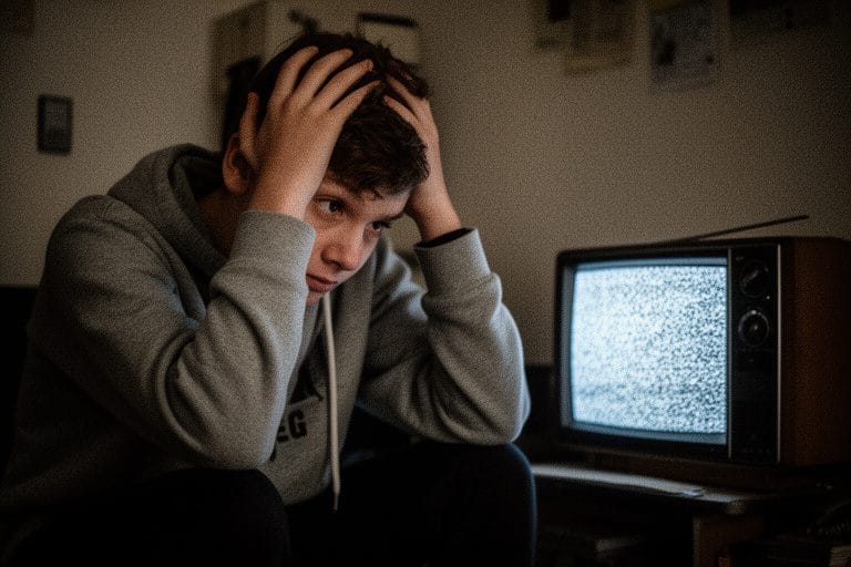 an iphone image of a teen in a grey hoodie with his head in his hands ina room ilunitaed only by an old-school television showing static. grainy, photorealistic