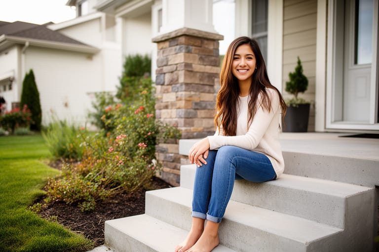 a candid ihne image of a a smiling young woman sitting on teh steps of a nice suburban residence. she looks right at the camera and looks heathly.